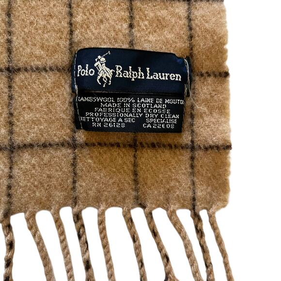 Vintage Polo Ralph Lauren Camel Tan Check Lambswool Fringe Muffler Scarf - Picture 4 of 7